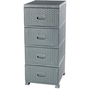 ADGO Schuifladenkast kunststof grijs organizer plank commode met manden plastic rek met 4 laden ladekast 38 x 45 x 90 cm rotan badkamer organisator slaapkamer kledingkast