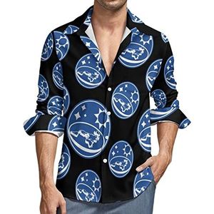 Flat Earth Overhemd met knopen voor heren, lange mouwen, V-hals, casual tops met normale pasvorm