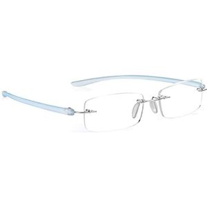 Leesbril +1,0 voor heren en dames, randloze rechthoekige leesbril, in lichtblauw en zilver, stijlvol hoogwaardig montuur voor dagelijks gebruik. Read Optics