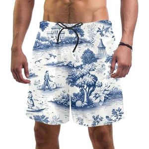 PAFEFO Nieuwigheid boardshorts voor heren, strandvakantie, feest, sneldrogende badpakken met witte en blauwe Toile Lake Designs, Wit en Blauw Toile Lake, L
