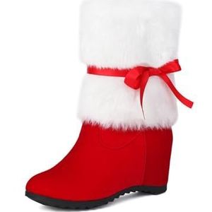 WDUDSUDUW Kerstlaarzen voor dames van suède met dikke hak, plateau, kort pluche, strik, ritssluiting aan de zijkant., B Rood en Wit, 35 EU
