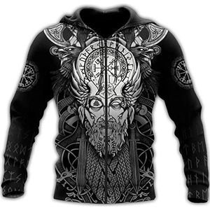 Viking Odin Tattoo Zip Hoodie Sweatshirt, Unisex Nordic Compass Rune 3D Digital Printed Pullover, Vintage Fashion Drawstring Hoodie Long Sleeve Top S-5XL