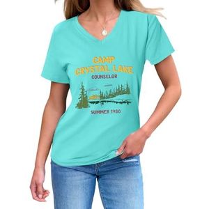 Camp Crystal Lake Counselor Zomer 1980 Vrouwen T-Shirt V-hals Korte Mouw Truien Camping Tees 45e Verjaardag Tops, Diep Water Blauw, S