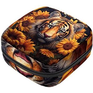 Blooming Zonnebloem Tijger Maandverband Opbergtas Menstruatie Pad Tas Draagbare Menstruatie Cup Pouch met Rits voor Tiener Meisjes Vrouwen Dames