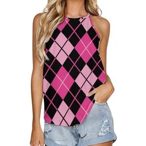 Zwart & Roze Argyle Zomer Mode Tanktops Vrouwen Casual Mouwloos T-shirt Ronde Hals Vest 4XL