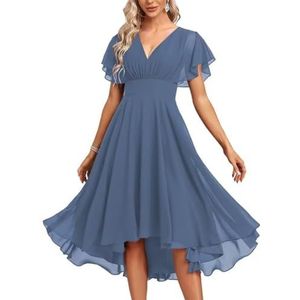 Chiffon bruidsmeisjesjurken voor dames, korte avondjurken, cocktailjurken, grote maten, Staal Blauw, 32