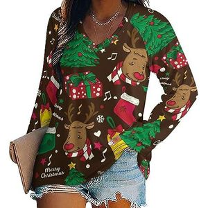 Kleurrijke Kerst Elementen Vrouwen Casual Lange Mouw T-shirts V-hals Gedrukt Grafische Blouses Tee Tops XL