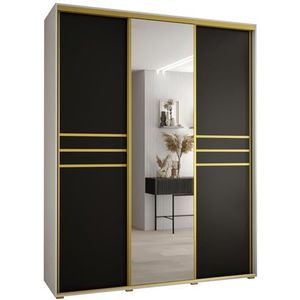 MEBLE KRYSPOL Davos 11 190 Kledingkast met drie schuifdeuren voor slaapkamer - Moderne Kledingkast met spiegel, kledingroede en planken - 235,2x190x45 cm - Wit Zwart Goud