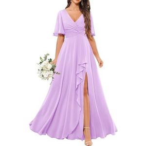 Chiffon bruidsmeisjesjurken voor dames, met spleetplooien, formele avondjurken, grote maten, Lila, 32