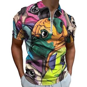 Gekleurde Mopsen Hond Polo Shirt voor Mannen Casual Rits Kraag T-shirts Golf Tops Slim Fit