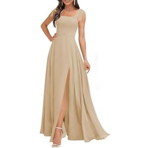 Chiffon bruidsmeisjesjurken voor dames, met spleetplooien, formele avondjurken, grote maten, Champagne, 32