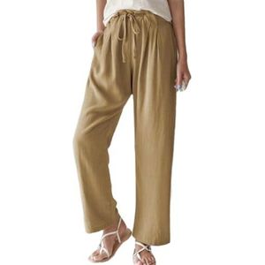 HHuiXinXue Zomerbroek voor dames, brede pijpen, strandbroek, elastische tailleband, casual, losse boho-stoffen broek met zakken, Kaki, S
