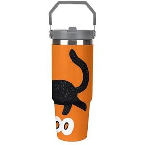 FHECVBN Grote capaciteit auto beker koffie beker zwarte kat op oranje achtergrond koffiemok flip stro beker roestvrij stalen beker geïsoleerde beker reizen mok 30oz