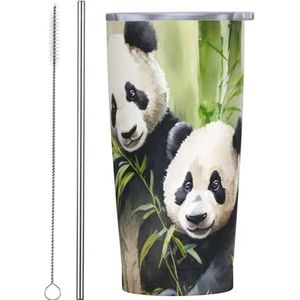 Gepersonaliseerde Tumblers, Aangepaste 20oz RVS Cups, Geïsoleerde Reizen Koffie Cup Mok Met Deksel & Stro Waterfles, Gepersonaliseerd Cadeau Voor Familie Vrienden, Aquarel Panda Bamboe