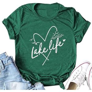 Lake Life Liefde Hart Tees Shirt Vrouwen Lake Vakantie Tops Casual Ronde hals Korte Mouw Trui Zomer Tops, Vintage Groen, M