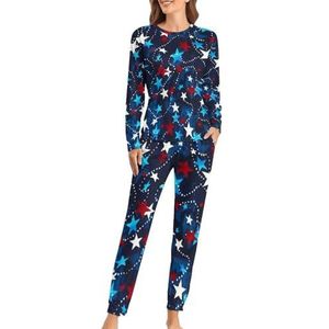 USA Rood Wit Blauw Sterren Zachte Dames Pyjama Lange Mouw Warm Fit Pyjama Loungewear Sets met Zakken 2XL