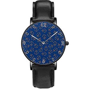 Anker Op Blauwe Achtergrond Horloges Persoonlijkheid Business Casual Horloges Mannen Vrouwen Quartz Analoge Horloges, Zwart