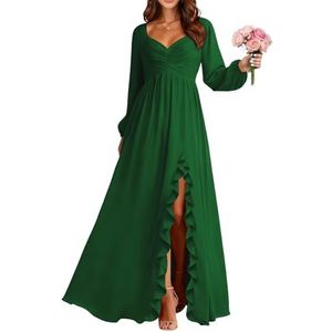 BRIGOW BY034 Damesjurk met lange mouwen, chiffon, bruidsmeisjesjurk, geplooid lijfje, lang, A-lijn, galajurk met split, Emerald Groen, 44