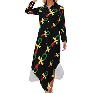 Rasta Ankh Rastafari Egyptische Maxi-jurk voor dames, lange mouwen, knoopsluiting, casual party, lange jurken, 3XL