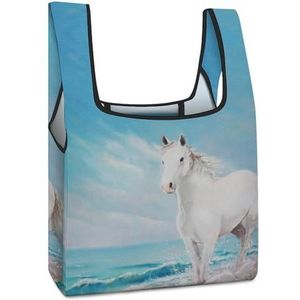 Witte Paard op het Strand Herbruikbare het Winkelen Zakken Opvouwbare Boodschappentassen Grote Vouwbare Tote Bag met Lange Handvatten