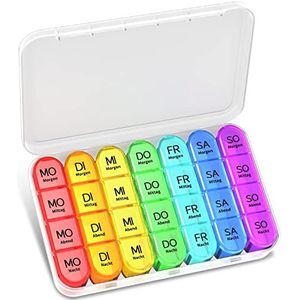 Betife Pillendoos 7 dagen 's ochtends 's middags 's avonds 's avonds, BPA-vrij, pillendoos 7 dagen 4 vakken, medicijnbox 7 dagen, grote pillendoos voor 7 dagen, 4 vakken, transparant