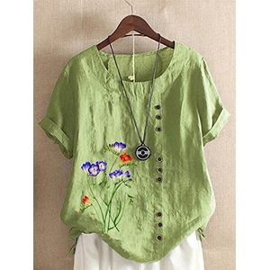 Vrouwen zomer ronde hals korte mouw t-shirt casual katoen linnen grafisch shirt vrije tijd mode losse gedrukte blouse tops (Color : Green, Size : XL)