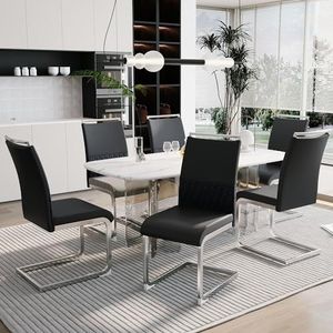 Aunvla Moderne eetkamerstoelen, set van 6, rugleuning van PU-kunstleer en linnen, hoge rug beklede zijstoel, dwarsstrepen rugleuning design voor eetkamer, keuken, gast bureaustoel, zwart