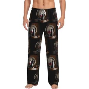 Dexnel Rode wijnfles glas zachte pyjama broek voor mannen,Klassieke slaapbroek comfortabel, polyester pyjamabroek met zakken, Wit, S