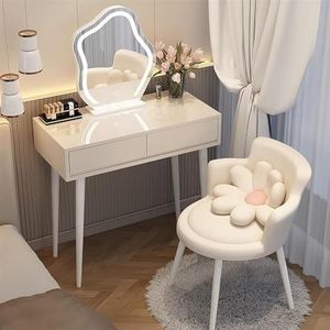 EdNey Kaptafel set, voor slaapkamer kleedkamer, met 3-kleuren dimbare verlichte spiegel, met comfortabele make-up kruk, met lade (kleur: wit, maat: L-80 cm)