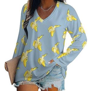 Grappige banaan valkparkiet dames casual T-shirts met lange mouwen V-hals gedrukte grafische blouses Tee Tops 4XL