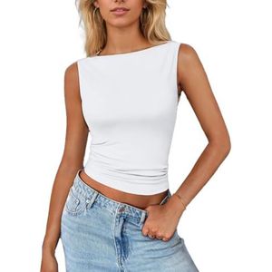 EMOTTOS Vrouwen Mouwloze Ruched Tank Tops, Sexy Y2K Strapless Vest met Een Schouder Strakke Tops, Stijlvolle Slim Fit Top Going Out Party Wedding Summer Wear voor dames, Wit, XL