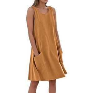 Dames Afstudeer Zomer Strandjurk Boho Vloeiende Midi Katoenen Mouwloze Ronde Hals Tank Zomerjurk Met Zakken(Orange,XL)