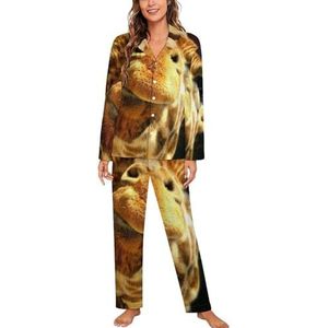 Neon Giraffe Vrouwen Lange Mouw Button Down Nachtkleding Zachte Nachtkleding Lounge Pyjama Set L