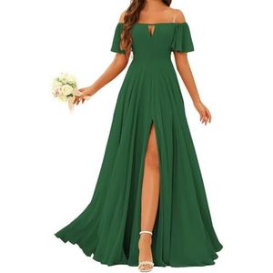 Prinses Bruidsmeisje Jurken Off Shoulder Prom Jurken Plooien Chiffon Formele Avond Party Maxi Jurk met Split ZMK196, Emerald Groen, 32