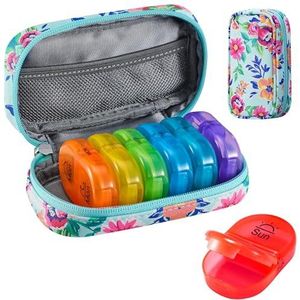 Serfeymi Wekelijkse Pillendoos-Organizer 7 Dagen 2 Keer Dagelijkse Tabletorganizer Medicijnorganisator Regenboogpillendoos met Draagbare rits PU Leren Pillendoosje voor Pillen,Vitamine - Groen 01
