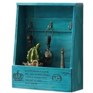 Sleutelkast, vintage houten sleutelkast, hangende opbergkast met 3 haken aan de muur gemonteerde handgemaakte rustieke afwerking huisdecoratie sleutelkastje(Blue)