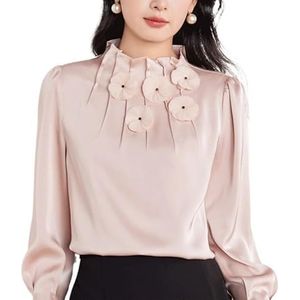 ROUZIHU Satijn chiffon overhemd met bloemenprint, veelzijdig, leeftijdsverminderend, losse top met lange mouwen en opstaande kraag, Roze, XXL