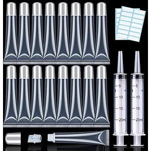 50 stuks lipgloss tubes 20 ml zilveren dop lipgloss containers lege lippenbalsem tubes navulbare cosmetische knijpen lipgloss tubes + 2 x 20 ml spuiten tag labels stickers voor doe-het-zelf lipgloss