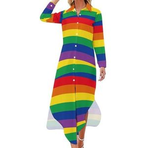 Regenboog Color Line Stroke vrouwen Maxi-jurk Lange Mouw Knop Shirt Jurk Casual Party Lange Jurken L