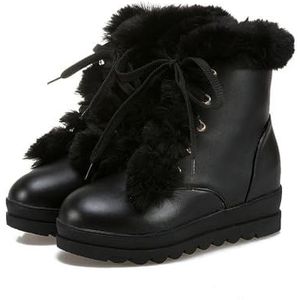 Winter Pluche Revers Enkellaarzen Dames Korte Veterlaarzen 6 Cm Enkellaarzen Met Sleehak Warme Pluche Gevoerde Snowboots PU Lederen Enkelschoenen for Buiten, Feest (Color : Black, Size : 42 EU)