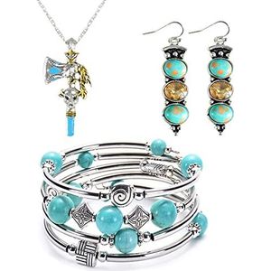 Soulnioi Natuurlijke Turquoise Verpakt Multilayer Zilveren Armband, Turquoise Bijl Indian Bull Head Hanger Ketting, Antieke Turquoise Citrien Lange Verzilverde Drop Oorbellen, Sieraden Gift voor Vrouwen