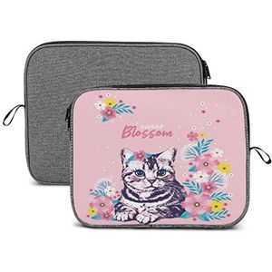Leuke Kat Zitten in De Bloemen Laptop Sleeve Case Beschermende Notebook Draagtas Reizen Aktetas 13 inch