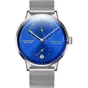 Guanqin Mannen kalender horloges analoge automatische zelfopwindende mechanische polshorloge met roestvrij staal lederen band, Zilver Blauw, armband