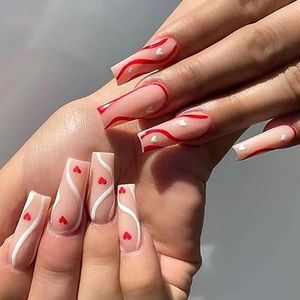 Coffin False Nails Valentine's Day Heart Press on Nails Pink Long Fake Nails Ballerina Acrylic Stick on Nails 24pcs for Women and Girls(26 Piece Set)