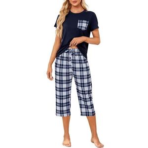 Reliwel Damespyjama met korte mouwen en geruite halflange broek, tweedelige pyjama, nachtkleding met zakken, maten S-XXL, Donkerblauw, L