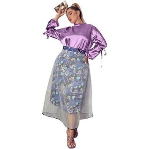 damestop in grote maten Plus blouse met opstaande kraag en geknoopte lantaarnmouwen (Color : Mauve Purple, Size : 3XL)