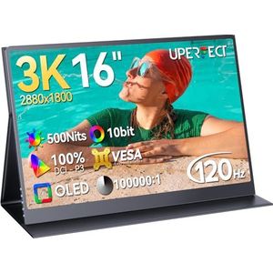 UPERFECT OLED Draagbare Monitor 3K 120Hz 16"" Draagbare Gaming Monitor, 500 nits | 100% DCI-P3 | 10-bit | 100000:1 Contrast | 1ms Scherm voor Aptop Mini PC Phone Game Consoles, VESA Compatibel
