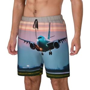 Yyoretp Heren vliegtuig in de avond licht print Hawaiiaanse zwembroek sneldrogende strandshorts met mesh voering en zakken, Zwart, M