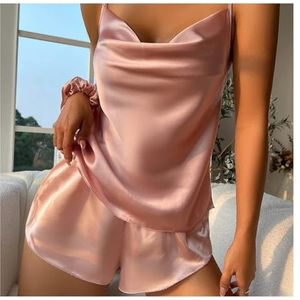 Effen satijnen pyjamaset Cami-top met V-hals en elastische tailleband Shorts Nachtkleding for dames Loungewear (Color : Pink, Size : XL)