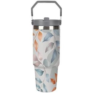 30 oz roestvrij staal geïsoleerde beker met klapdeksel en rietje, lekvrije reismok voor auto, verschillende bladpatronen dubbelwandige vacuüm thermische koffiekop met handvat, morsbestendig ontwerp